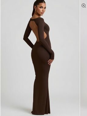 Oh Polly Regine Modal Ruched Backless Maxi Dress Chocolate Brown Long Sleeve XS